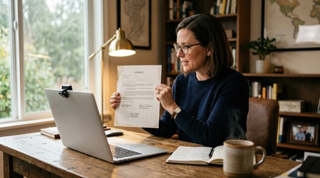 A woman is engaged in a session with a client, holding a document while sitting at her desk in a home office setting.