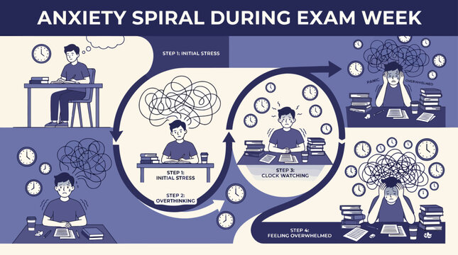 Anxiety spiral during exam week infographic showing a student experiencing stress, overthinking, clock watching, and feeling overwhelmed while studying