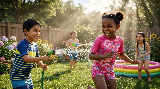Happy diverse children having a fun water fight with a garden hose in a sunny backyard during summer vacation