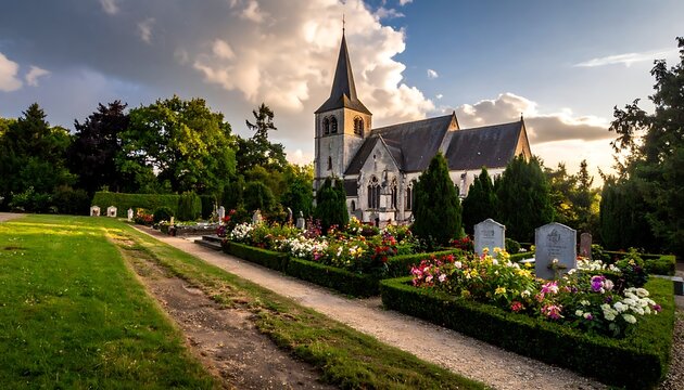 Stone church & blooms