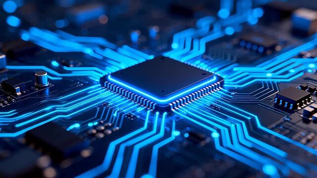Closeup of glowing blue circuit board