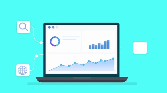 Animated flat illustration of a laptop displaying analytics charts with search and global network icons, representing online discovery, connectivity, and digital workflow.