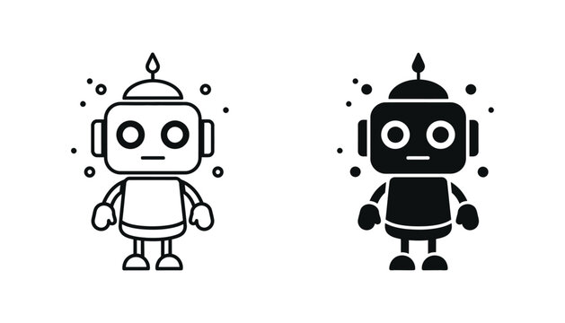 Cute robot character icons with antenna in outline and solid black silhouette styles for technology branding and futuristic design elements isolated on white