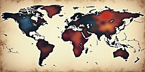 A grunge world map illustration featuring a vintage textured background with global continents including Europe, Asia, America, and Australia in a creative geography travel design vector © Alpha Designs