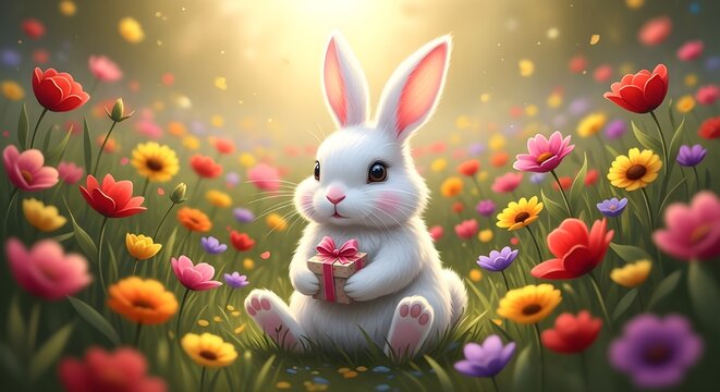 Fluffy white rabbit sitting peacefully in a vibrant meadow of colorful blooming flowers while holding a small decorated gift box in its paws during a bright and sunny day