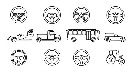 Transportation vehicle and steering wheel icon set featuring race car pickup truck bus tractor and various steering wheel designs for automotive industry and driver education infographics. © Sukhi