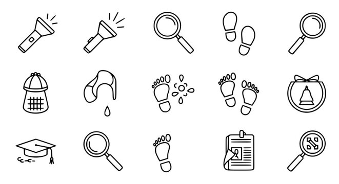 Investigation and discovery icon set featuring flashlights magnifying glasses human footprints shoe prints and graduation cap for detective research and evidence tracking infographics.