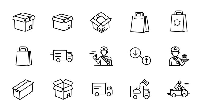 Logistics and package delivery icon set featuring cardboard boxes shipping bags courier characters and delivery trucks for e-commerce warehouse and distribution service infographics.