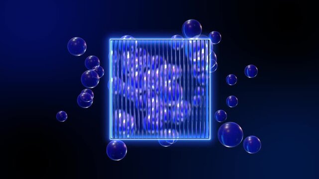 rotating glass blocks A glass cube neon glowing lines spinning around. 3d loop motion animation. Modern minimal ultraviolet glass rotating cubes dispersion effect. Dark background. Trendy iridescent