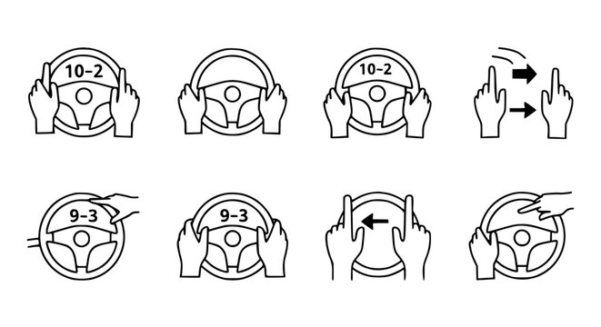 Proper steering wheel hand placement icon set featuring ten and two and nine and three positions with turning techniques for driver safety and automotive education infographics.