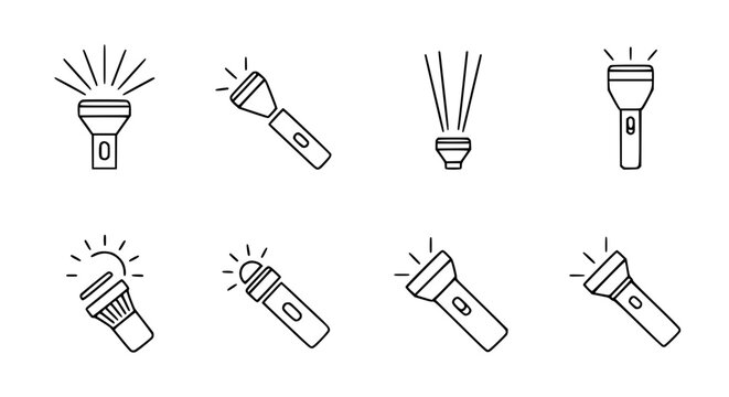 Flashlight and portable electric torch icon set with different light beam patterns for outdoor camping exploration emergency survival and night safety equipment infographics.