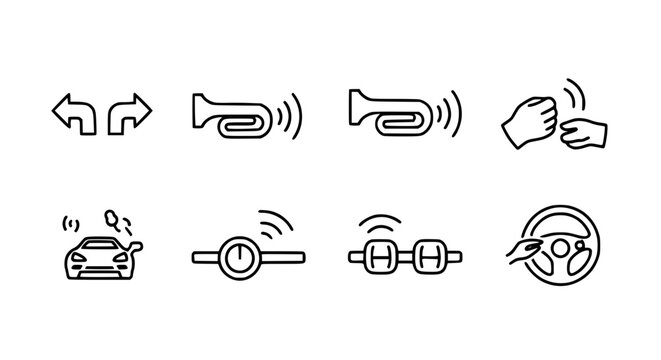 Vehicle operation and driver safety icon set featuring car horn signal steering wheel gear shift and turn arrows for automotive manual and transportation technology infographics.