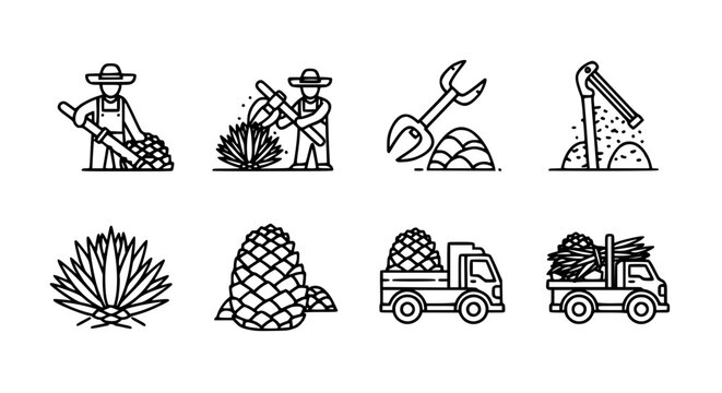 Traditional agave harvesting and tequila production icon set featuring jimador farmer cutting agave pinas with coa tool and transport trucks for mexican spirit manufacturing.