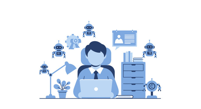 Man Working With Robot Assistants.