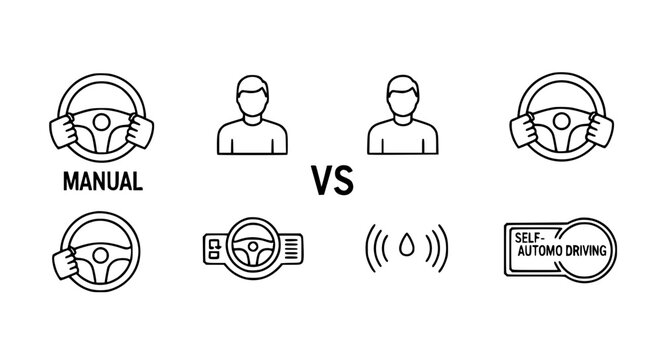 Manual driving vs autonomous self driving car technology icon set with steering wheel human driver and artificial intelligence automation symbols for transportation infographics.