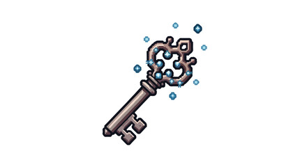 Naklejka premium A stylized vector illustration of an antique skeleton key featuring a decorative bow surrounded by sparkling blue magical floating orbs.