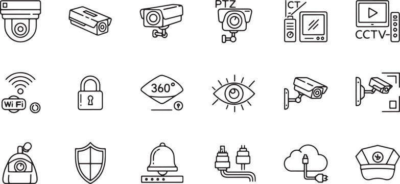 Security camera and surveillance system line icon set for home protection and digital monitoring vector illustration