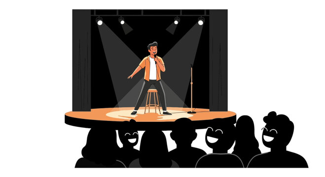 Stand up comedian performing on stage under spotlights