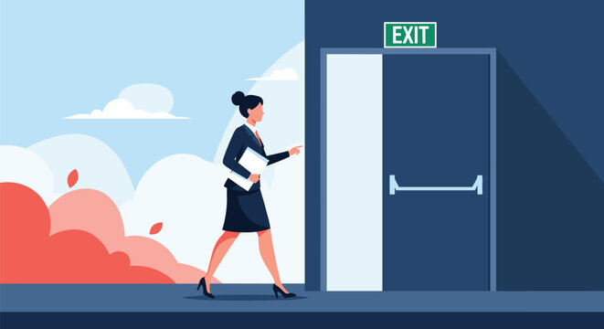 Professional businesswoman carrying documents walks through an exit door from a dark office into a bright and colorful outdoor landscape.