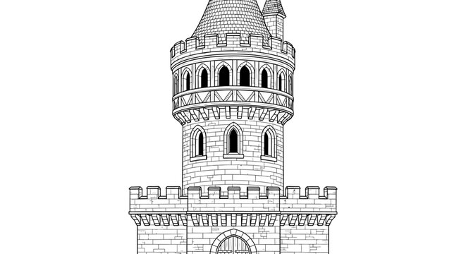 Medieval castle tower line art illustration on white background