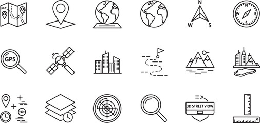 Fototapeta premium Set of navigation and mapping line icons featuring global positioning, travel routes, and geographic location symbols