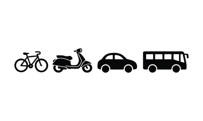 Naklejka premium Set of black transportation icons including bicycle scooter car and bus isolated on white background