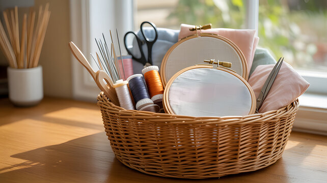 Cozy collection of embroidery hoops, threads, scissors and sewing accessories arranged in a wicker basket near a sunlit window. Concept of handmade crafts, creativity and textile hobbies.
