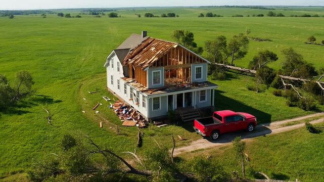 Drone shots circle a damaged rural house undergoing repairs. A red pickup truck sits on the dirt driveway amidst debris and fallen trees in an expansive green prairie.