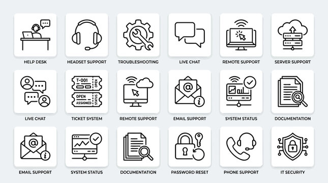Set of 15 support and service line icons help desk headset support troubleshooting live chat remote support server support ticket system email support system status.
