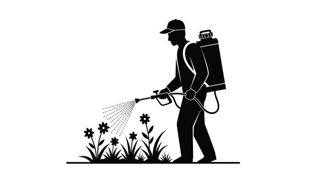 silhouette of a pest control worker spraying flowers with a backpack sprayer on a white background high quality professional detailed modern elegant stylish clean