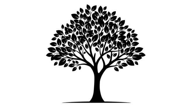 Black silhouette of a tree with leaves, illustration with copy space
