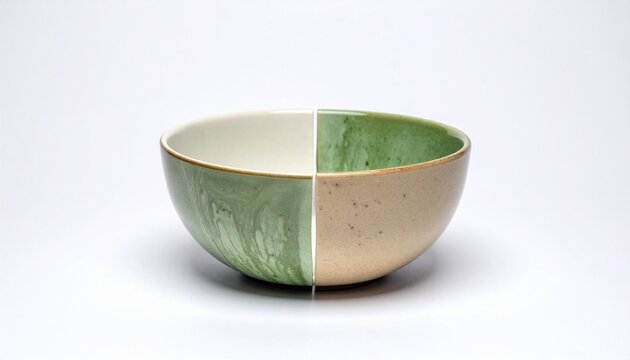 &ldquo;Ceramic bowl divided vertically, glossy green marbled glaze on one side, matte beige speckled finish on the other, symbolizing contrast, craftsmanship, and artistic harmony.&rdquo;