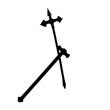 Mace set with solid black silhouette of medieval weapon featuring spikes, sharp detail, historical weaponry with bold lines and white background