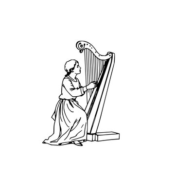 Harpsichord player set with continuous line art featuring a musician, instrument, Baroque music with classical art and single stroke design