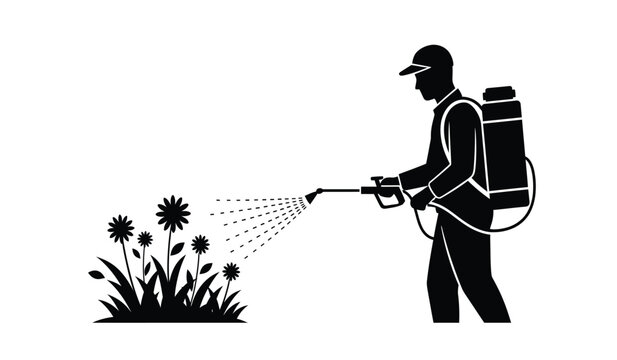 silhouette of a gardener spraying pesticide on flowers with backpack sprayer isolated on white background high quality professional detailed modern elegant stylish clean crisp