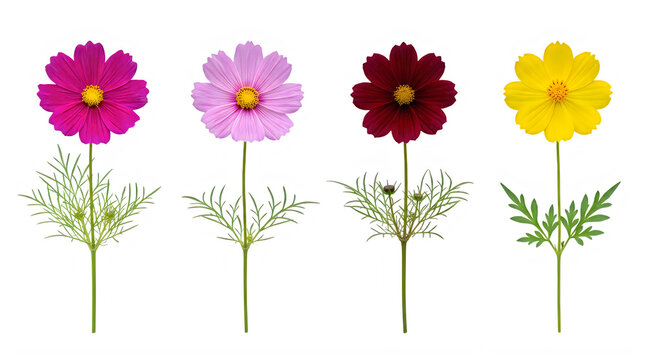 Set of pink and purple cosmos flowers blooming in meadow frontal isolated png on a transparent background perfectly cutout high resolution