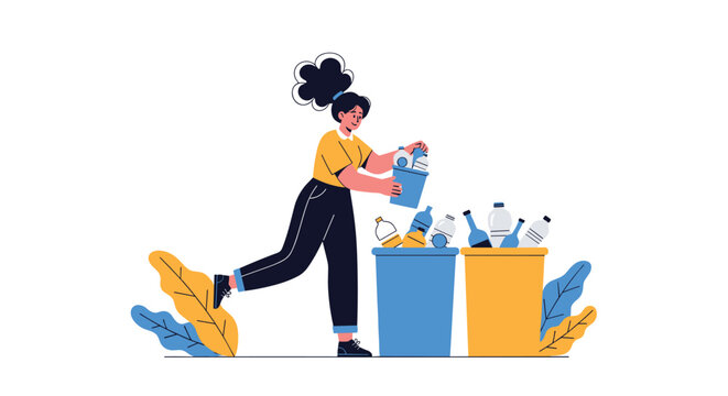 Environmentally conscious woman sorts empty plastic bottles into different colored recycling bins to promote waste management and sustainability.