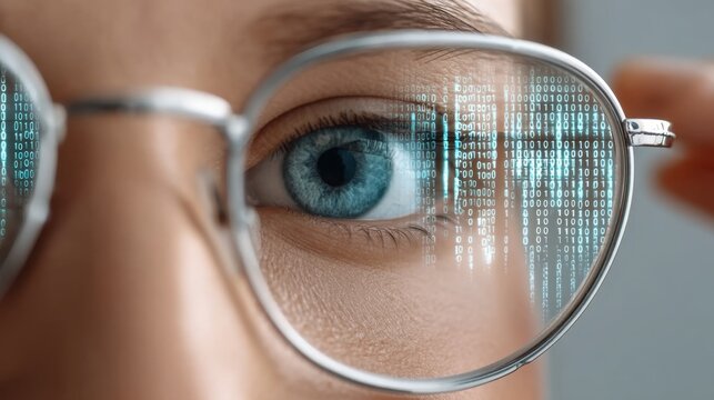 Close-Up View of a Person's Eye Behind Glasses Reflecting Binary Code and Data in a Bright, Dynamic Environment