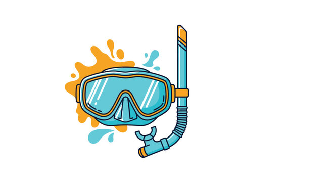 Stylized diving equipment illustration shows a blue snorkel mask and tube with bright orange and blue paint splashes.