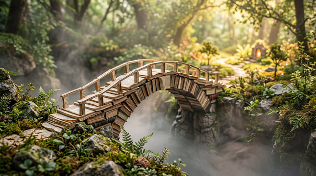 Arch bridge made of stacked vintage books in a foggy enchanted forest