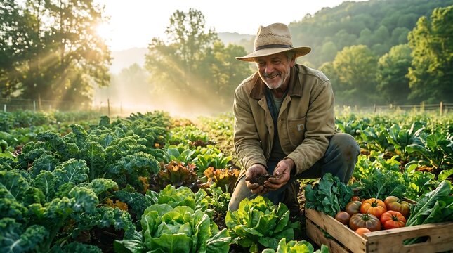 A smiling farmer inspects rich soil in a vibrant green vegetable field at sunrise, with a crate of fresh produce beside him.