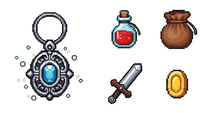 This collection of pixel art vector icons features a jeweled amulet, a red potion, a brown drawstring bag, a short sword, and a golden coin.