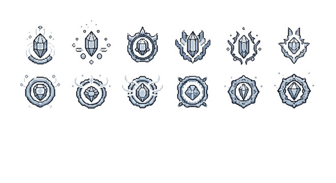 This set of twelve vector icons showcases stylized blue crystals encased in unique, icy frames with mystical and geometric design elements.