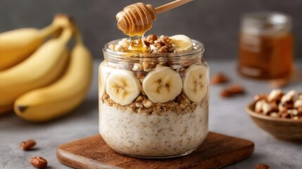 Fototapeta premium Healthy Breakfast Parfait with Bananas, Granola, Honey Drizzle in a Jar Surrounded by Fresh Fruit on a Wooden Board