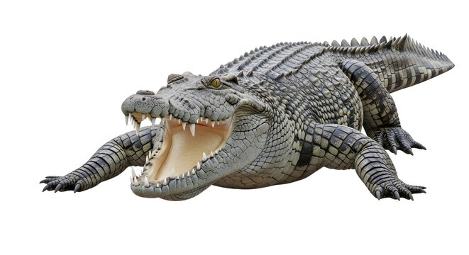 Large gray crocodile with open mouth showing sharp teeth in a side view pose