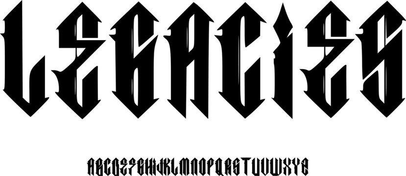 LEGACIES Gothic Blackletter Display Font Alphabet &ndash; Bold Medieval Font Type with Sharp Angular Letterforms, Classic Typography Meaning for Logo Design, Tattoo Lettering, and Historical Graphic Design 