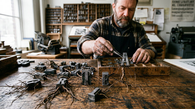 Male printer selecting vintage metal letterpress blocks with growing roots in a traditional workshop