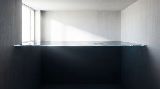 Modern concrete room with elevated clear water surface under bright sunlight