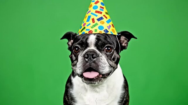 Adorable Boston Terrier dog wearing a colorful party hat on a vibrant green background, celebrating a birthday or special occasion.