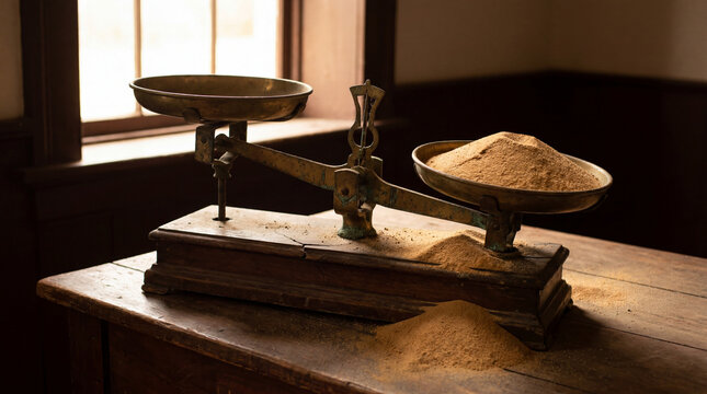 Vintage weighing scales with brown powder on an old wooden table indoors